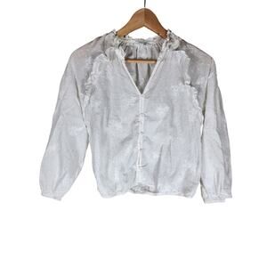 LULUMARI Women's White Swiss Dot Ruffle Boho Hippie Elastic Cuff Hem Top SZ M